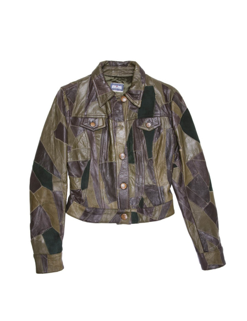 Blouson JEAN PAUL GAULTIER en cuir vert et marron patchwork