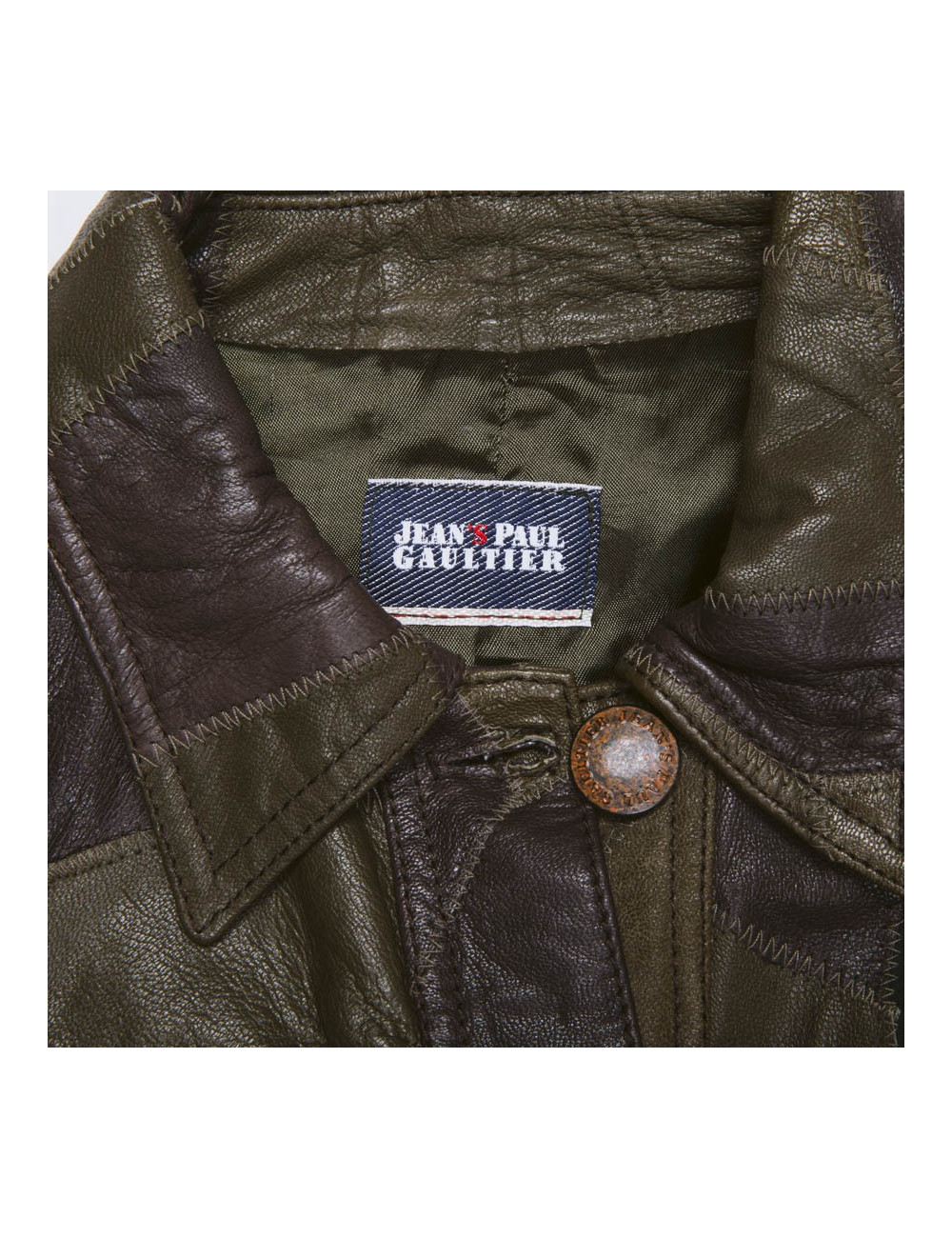 Blouson JEAN PAUL GAULTIER en cuir vert et marron patchwork