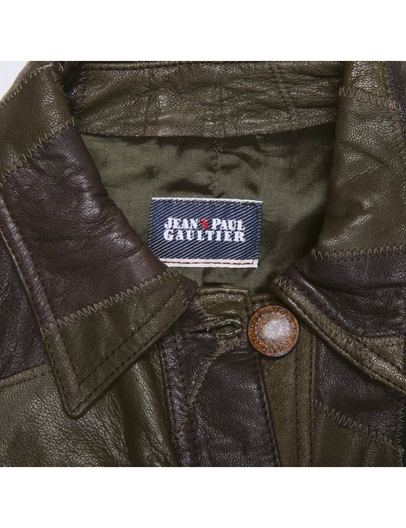 Blouson JEAN PAUL GAULTIER T38 en patchwork de cuir vert et marron