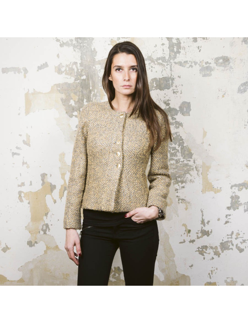 Veste courte CHANEL T 36 tweed gris et lamé doré