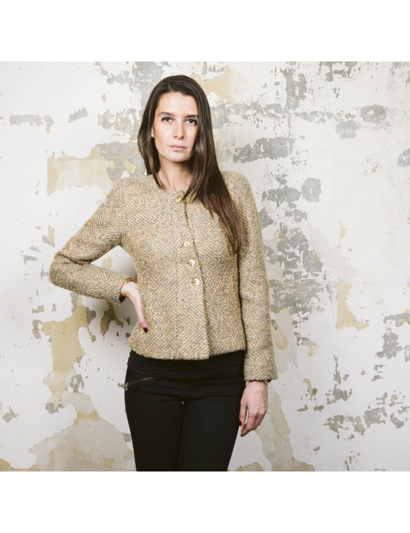 Veste CHANEL T 36 tweed gris et lamé doré