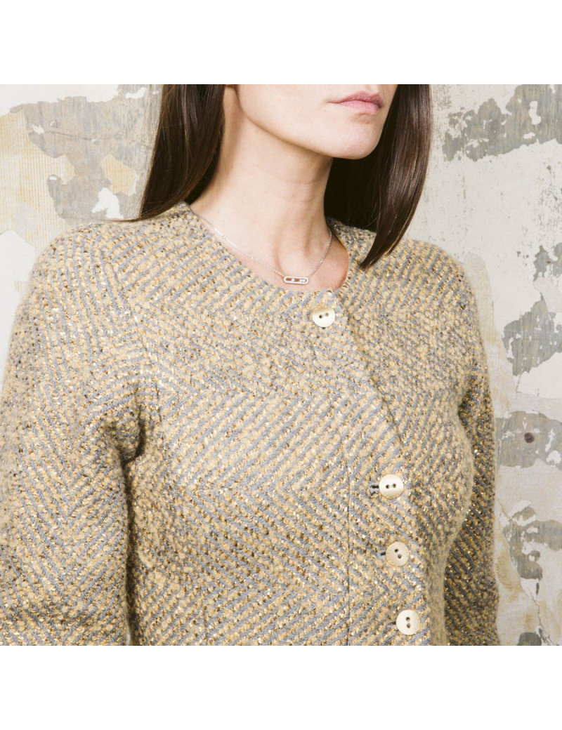 Veste CHANEL T 36 tweed gris et lamé doré