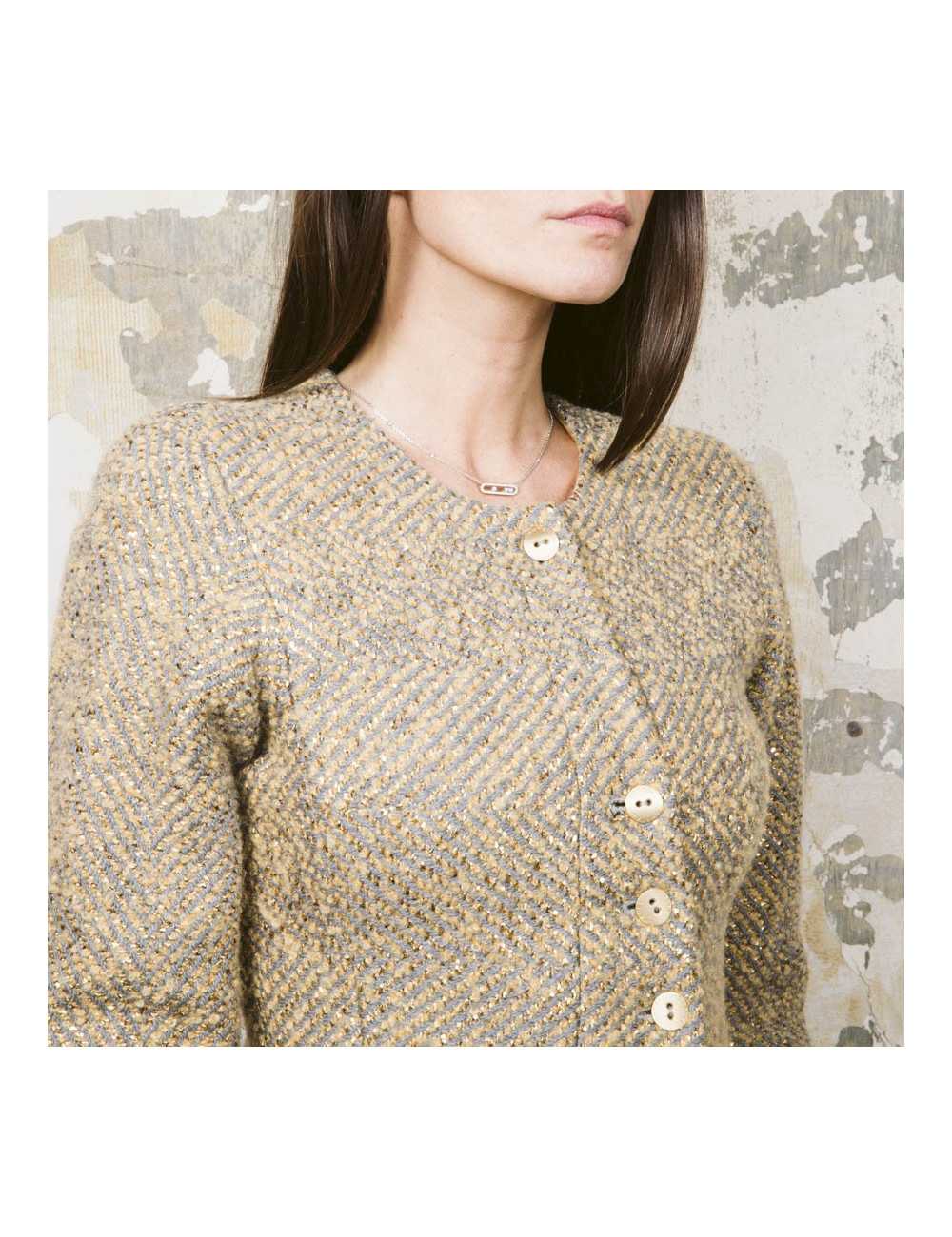 Veste courte CHANEL T 36 tweed gris et lamé doré