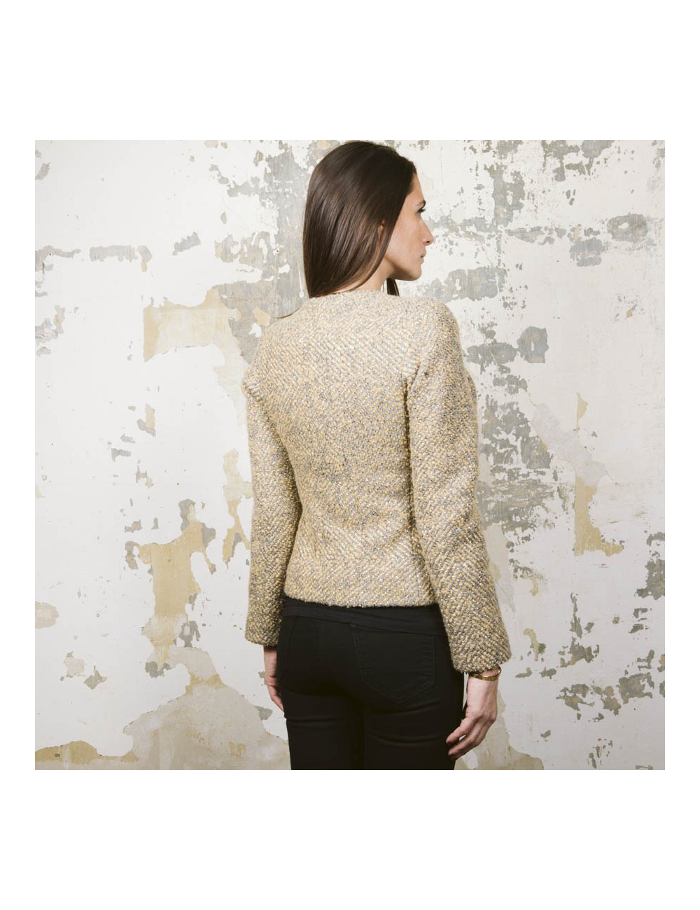 Veste courte CHANEL T 36 tweed gris et lamé doré