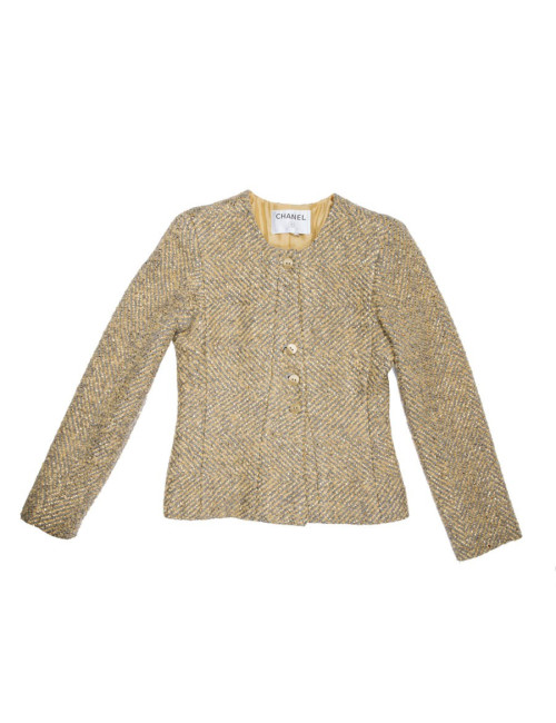 Veste CHANEL T 36 tweed gris et lamé doré