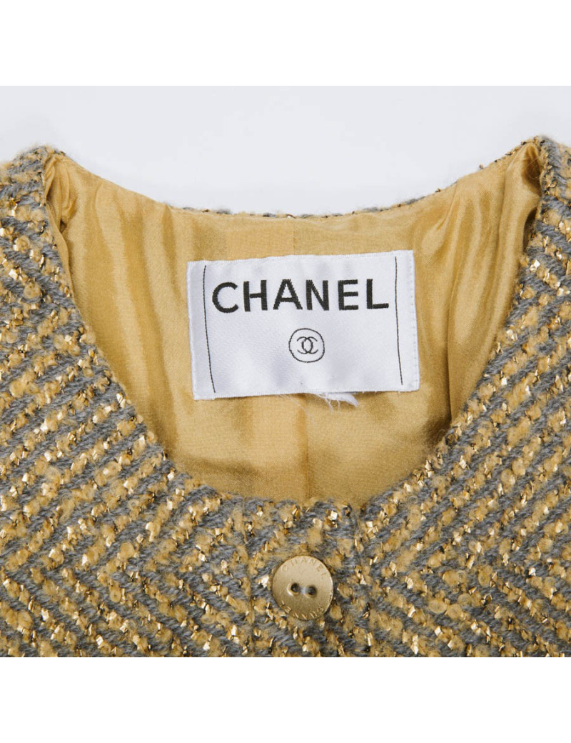 Veste courte CHANEL T 36 tweed gris et lamé doré