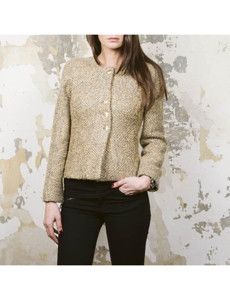 Veste courte CHANEL T 36 tweed gris et lamé doré