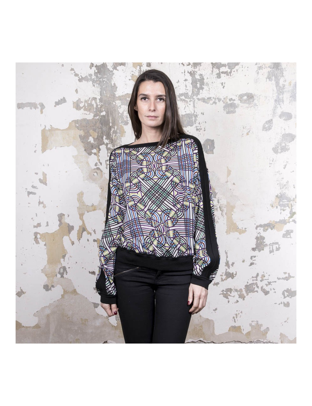 Blouse Vintage  HERMES en soie motifs floraux bleu et jaune 