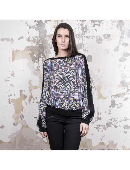 Blouse Vintage  HERMES en soie motifs floraux bleu et jaune 