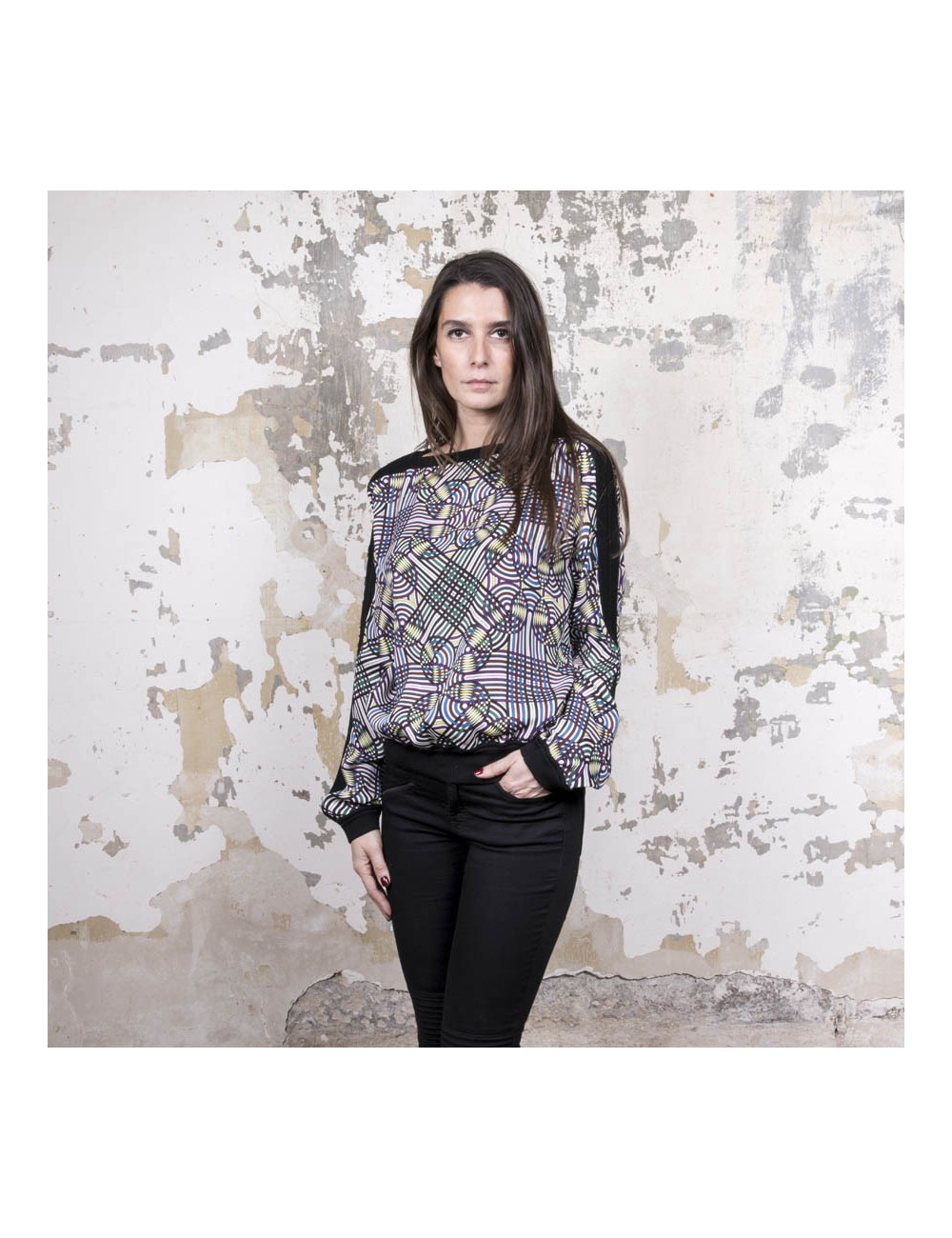 Blouse Vintage  HERMES en soie motifs floraux bleu et jaune 