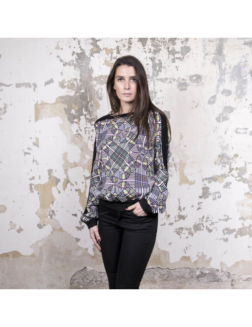 Blouse Vintage  HERMES en soie motifs floraux bleu et jaune 