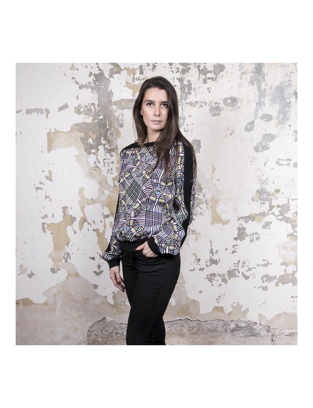 Blouse Vintage  HERMES en soie motifs floraux bleu et jaune 