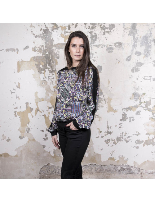 Blouse Vintage  HERMES en soie motifs floraux bleu et jaune 