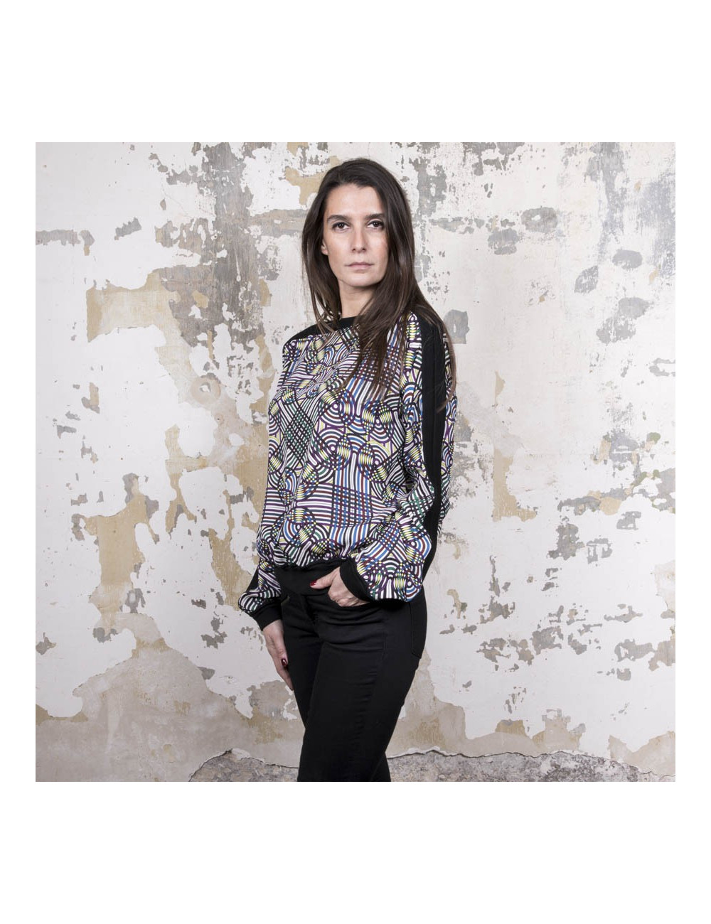 Blouse Vintage  HERMES en soie motifs floraux bleu et jaune 