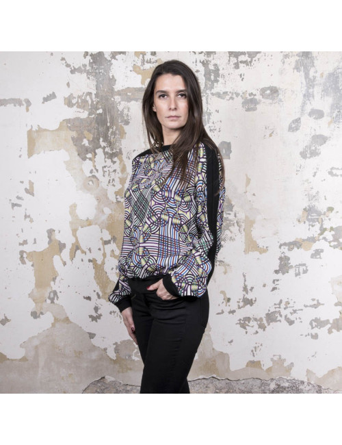 Blouse Vintage  HERMES en soie motifs floraux bleu et jaune 