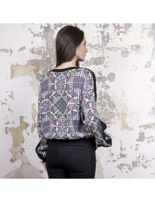 Blouse Vintage  HERMES en soie motifs floraux bleu et jaune 