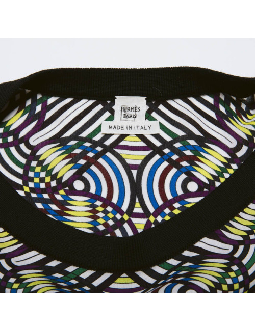 Blouse Vintage  HERMES en soie motifs floraux bleu et jaune 