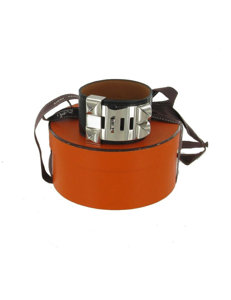 Manchette HERMES "collier de chien" en croco noir mat