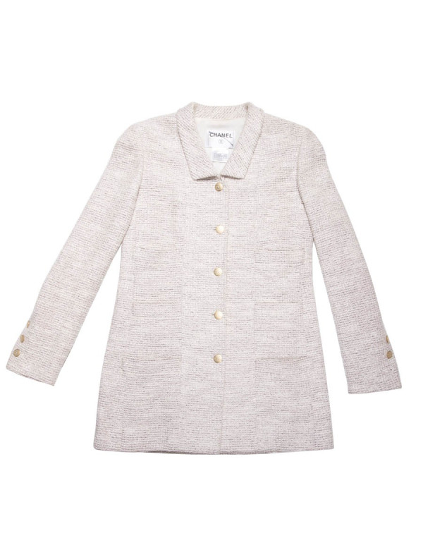 Veste longue CHANEL T 40 tweed rose et fils d'argent