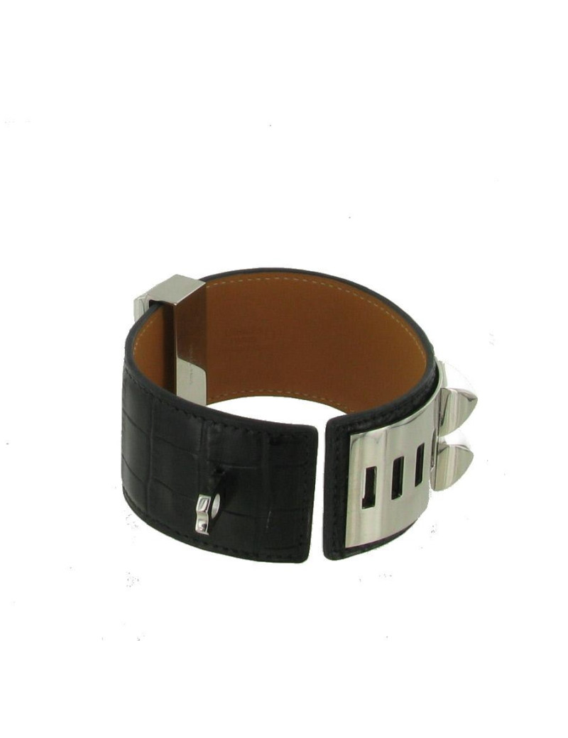 Manchette HERMES "collier de chien" en croco noir mat