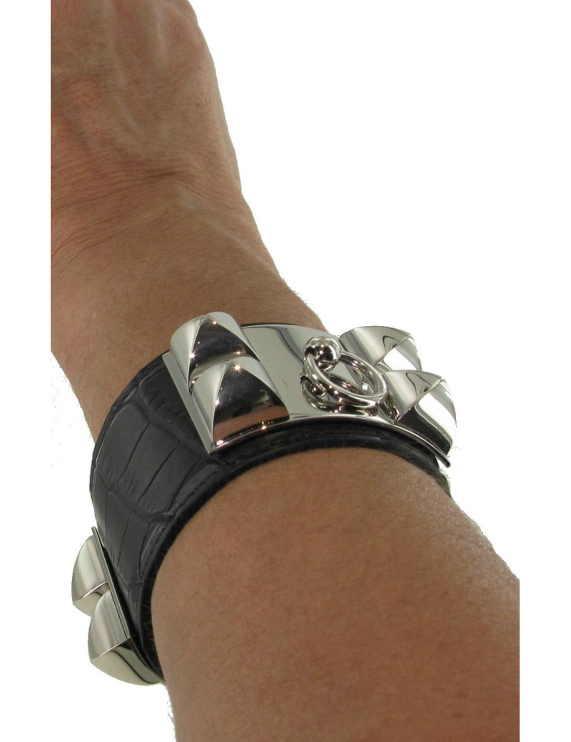 Manchette HERMES "collier de chien" en croco noir mat