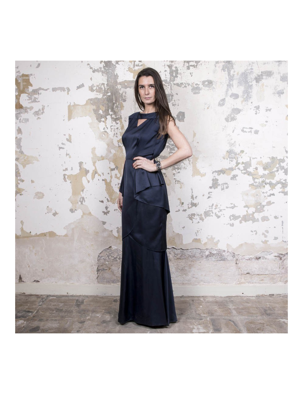 Robe du soir T 38 CHANEL en soie bleue à volants