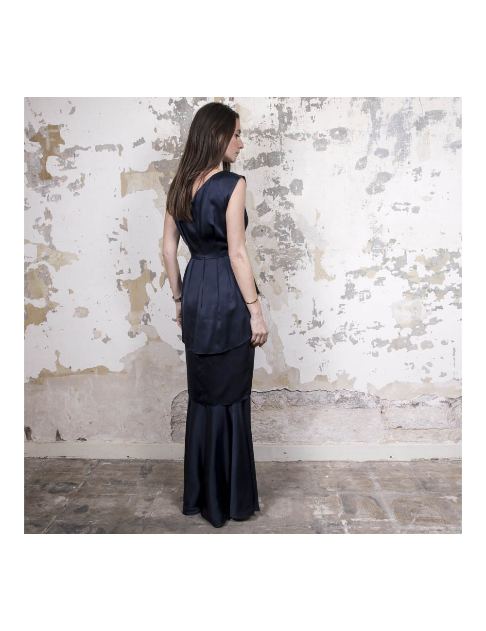 Robe du soir T 38 CHANEL en soie bleue à volants