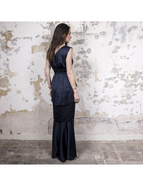 Robe du soir T 38 CHANEL en soie bleue à volants