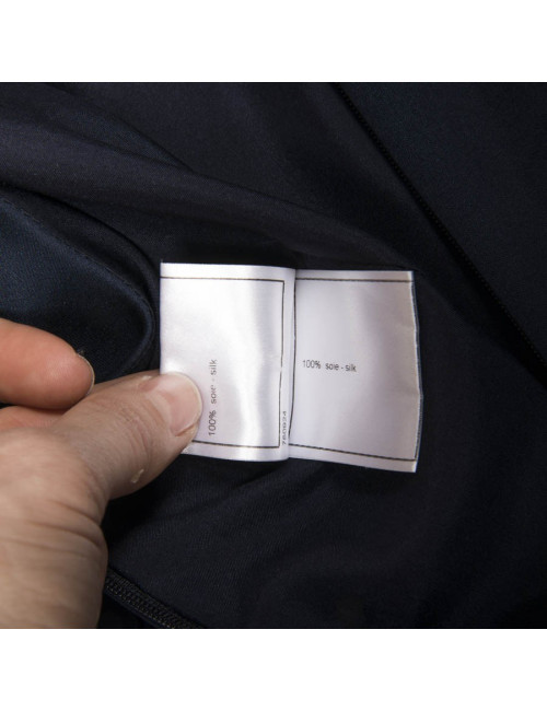 Robe du soir T 38 CHANEL en soie bleue à volants