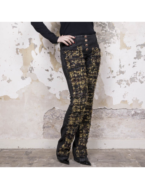 Pantalon jean CHANEL T 40 avec broderies or, bordeaux et noire