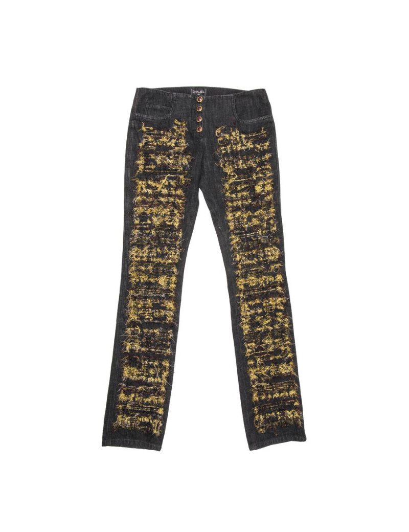 Pantalon jean CHANEL T 40 avec broderies or, bordeaux et noire