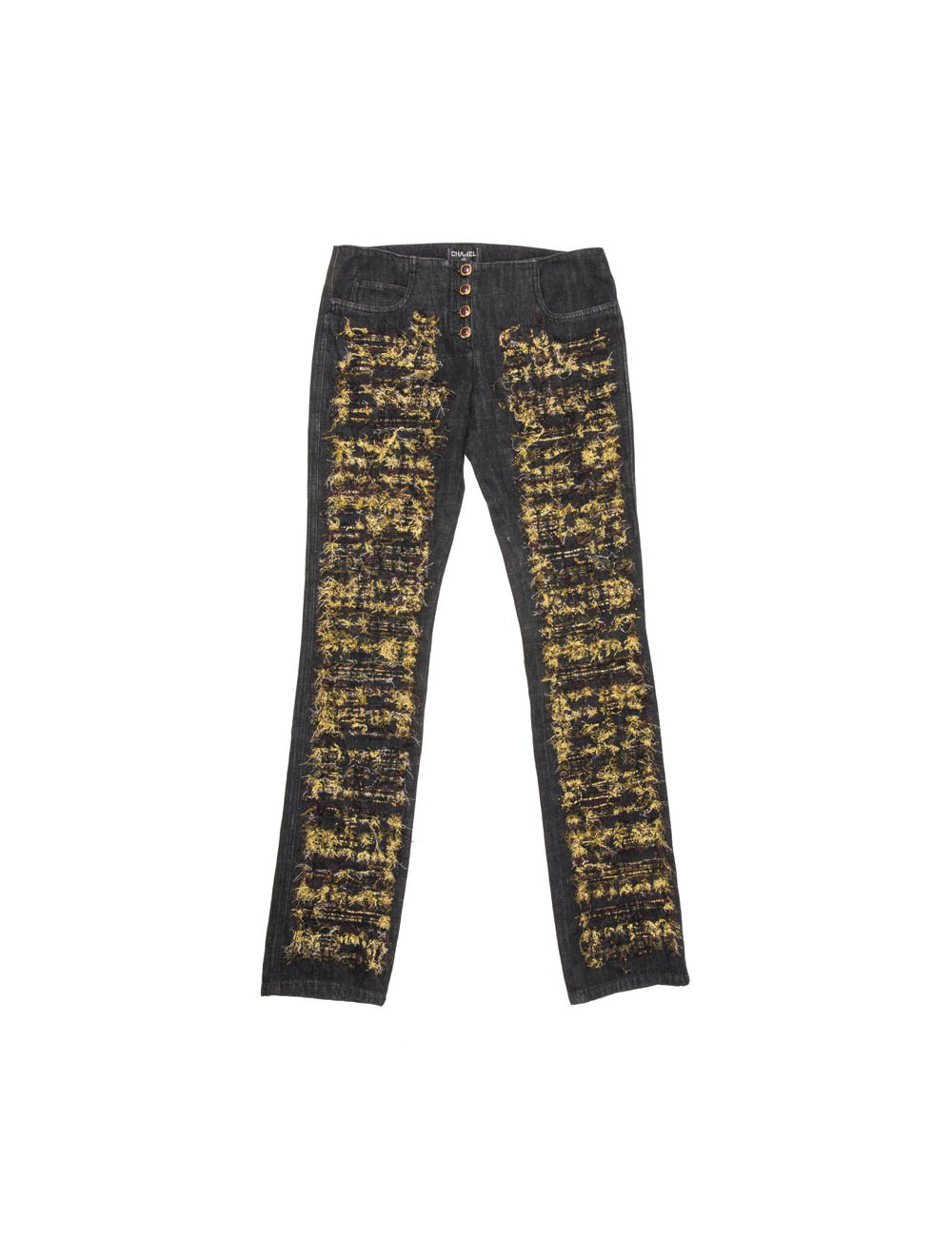 Pantalon jean CHANEL T 40 avec broderies or, bordeaux et noire