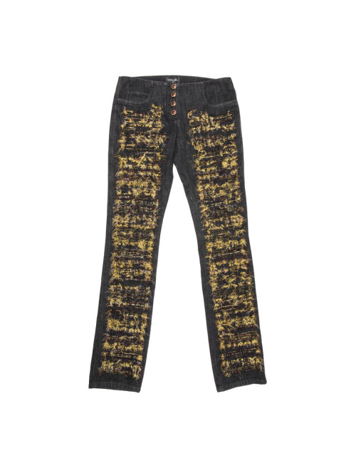 Pantalon jean CHANEL T 40 avec broderies or, bordeaux et noire