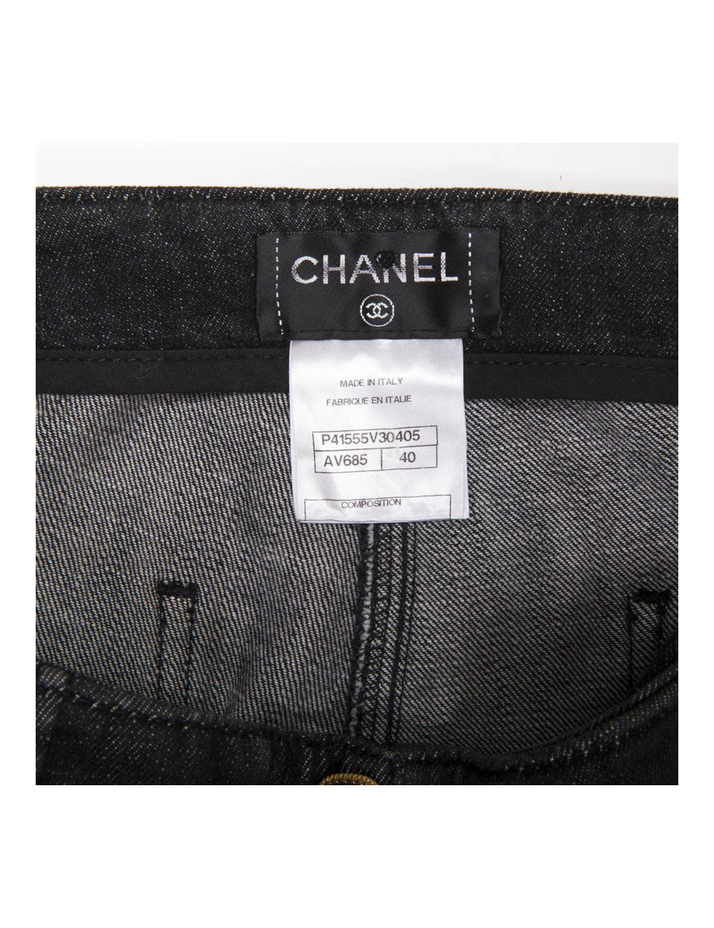 Pantalon jean CHANEL T 40 avec broderies or, bordeaux et noire