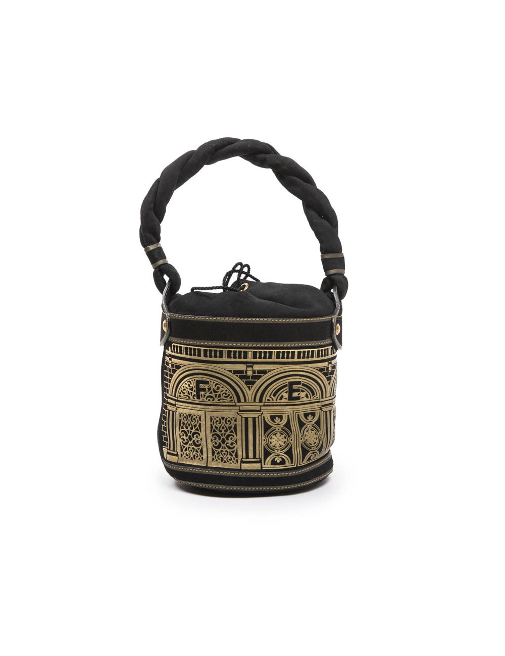 FENDI bucket bag in black leather gold embossed
