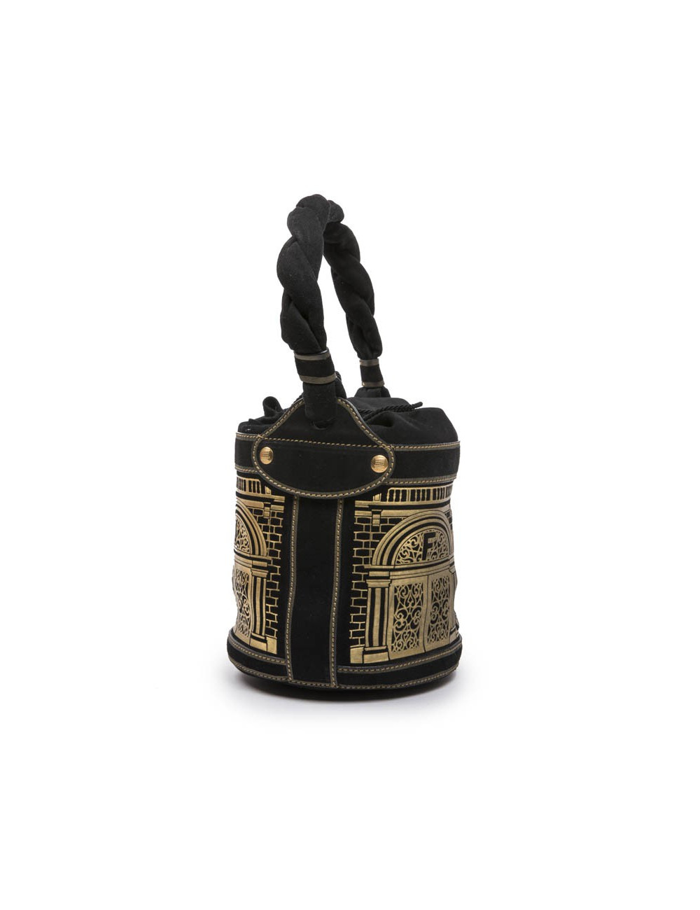 Sac seau FENDI cuir noir embossé or