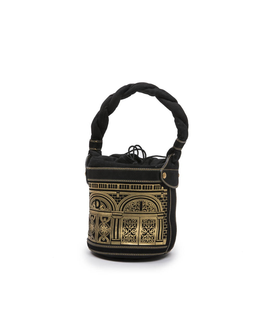 FENDI bucket bag in black leather gold embossed