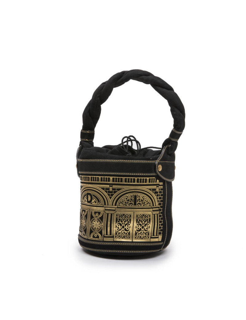 FENDI bucket bag in black leather gold embossed