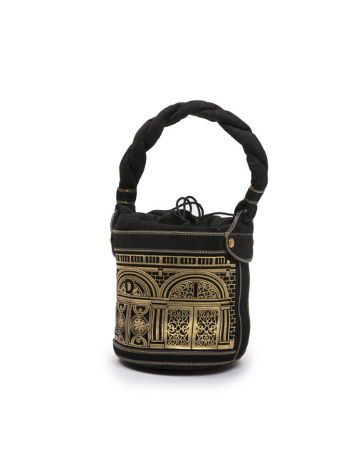 Sac seau FENDI cuir noir embossé or