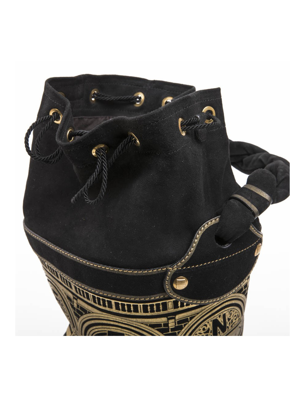 FENDI bucket bag in black leather gold embossed