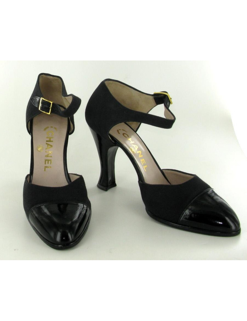 Escarpins T36 CHANEL en toile et vernis noir