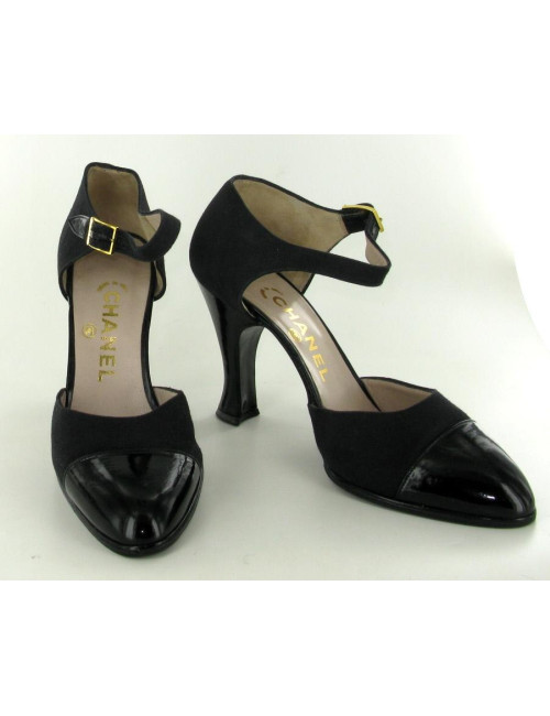 Escarpins T36 CHANEL en toile et vernis noir