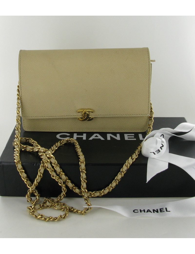 Petit sac -portefeuille CHANEL en cuir beige