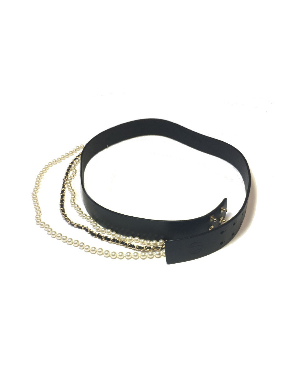 Ceinture CHANEL en cuir noir et perles blanches
