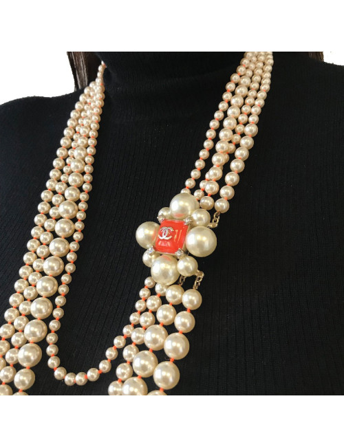 CHANEL necklace with 4 row of pearls and orange molten glass