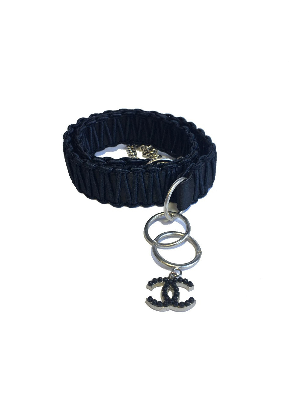 E.S Ceinture CHANEL en cuir noir et satin 