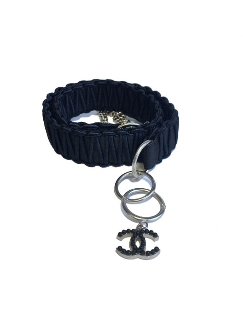 E.S Ceinture CHANEL en cuir noir et satin 