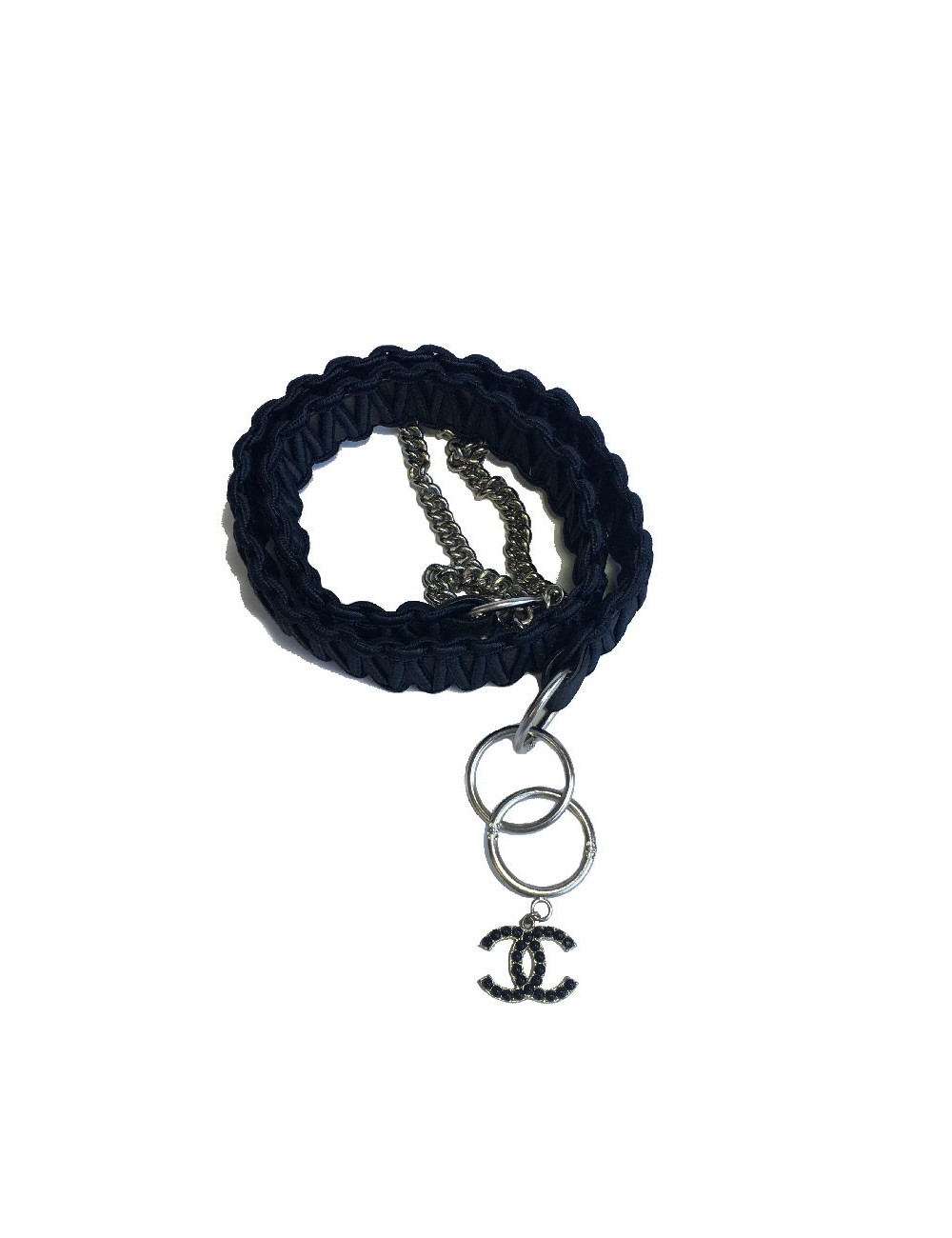 E.S Ceinture CHANEL en cuir noir et satin 