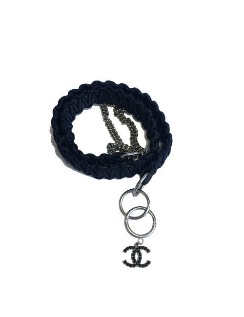 E.S Ceinture CHANEL en cuir noir et satin 