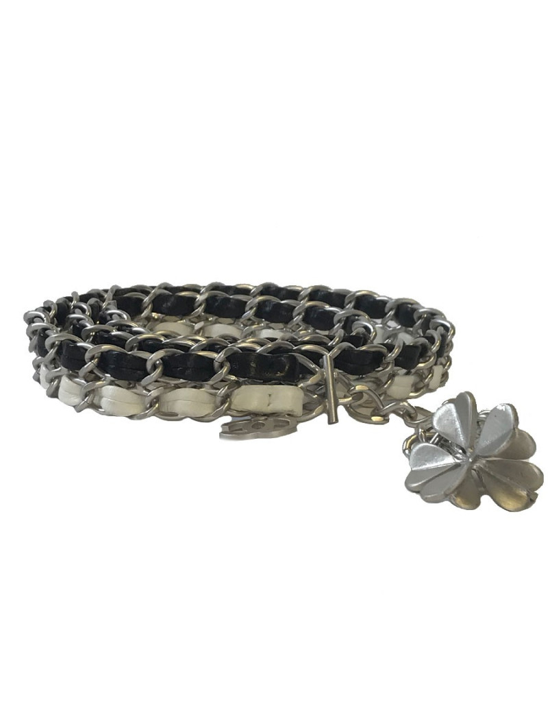Ceinture CHANEL T85 en chaine argentée et cuir blanc et noir 